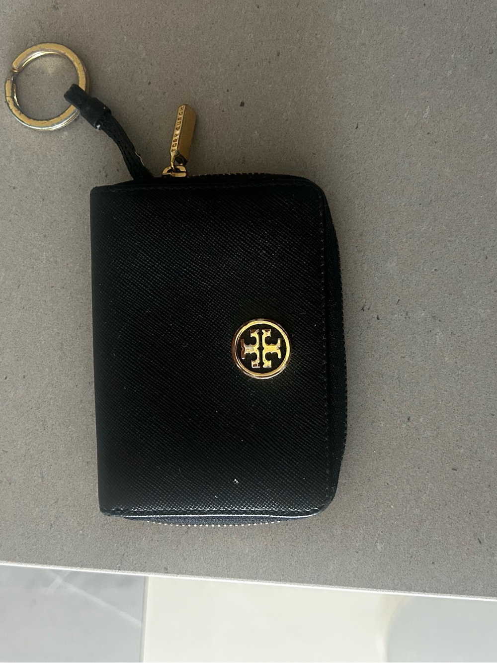 Tory Burch Black Saffiano Zip Card Holder with Gold Logo Keyring